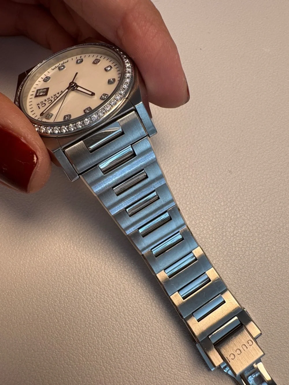 Gucci Pantheon Silver Watch with White Dial and Diamond Bezel